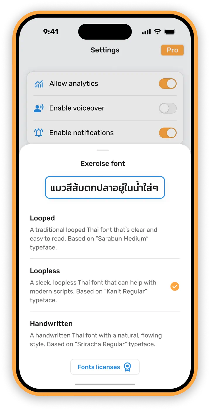 Pro feature for Thai learning experience: interface with font customization options